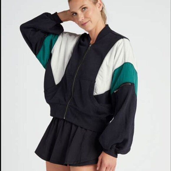 NWT Free People Movement Hot Track Varsity Jacket Black Combo Sz XL - Picture 1 of 7